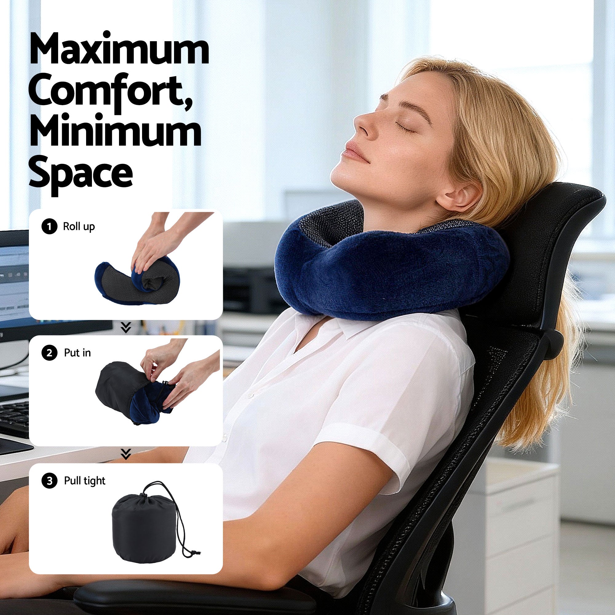 Memory Foam Travel Pillow with Storage Bag - Blue