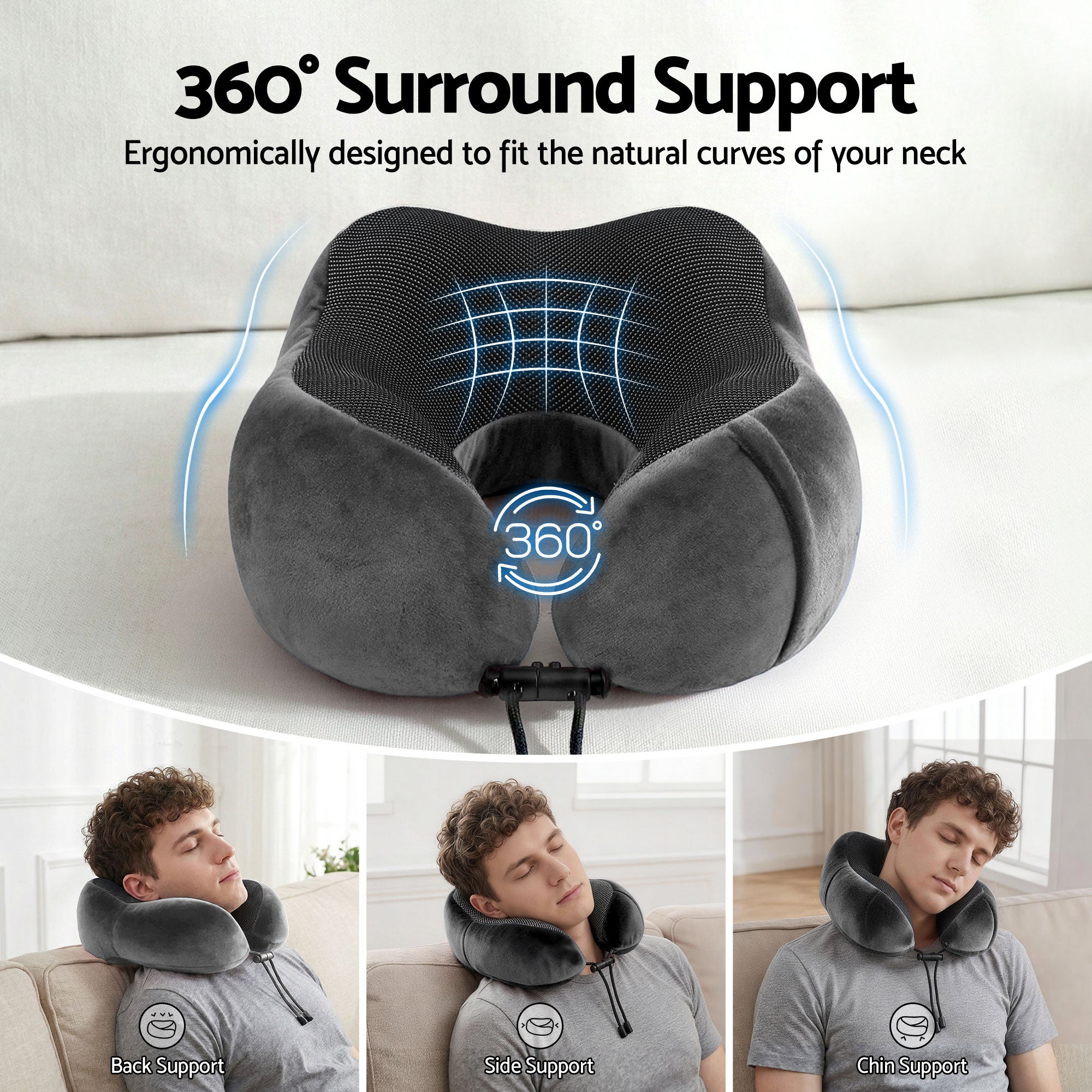 Memory Foam Travel Pillow with Storage Bag - Grey