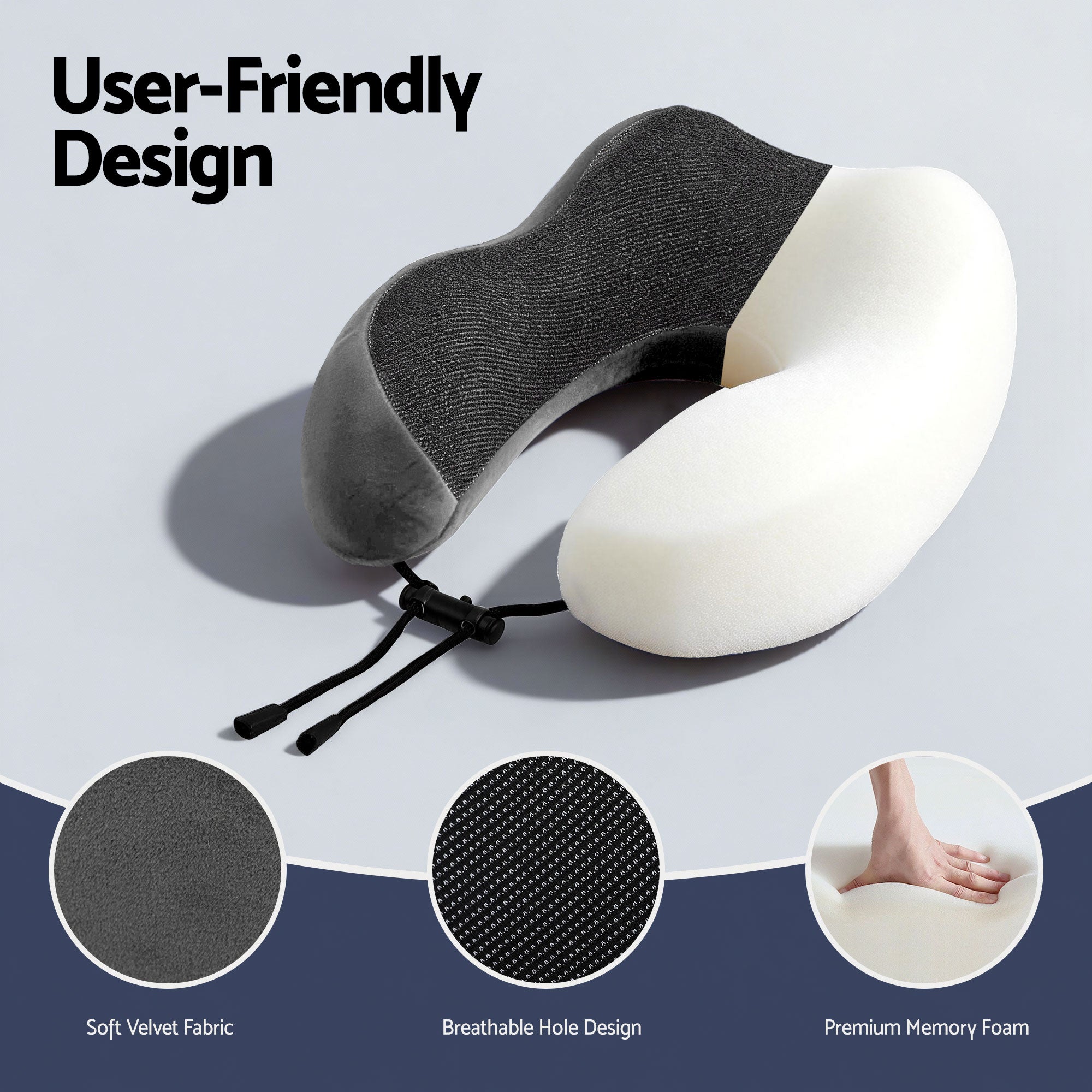 Memory Foam Travel Pillow with Storage Bag - Grey