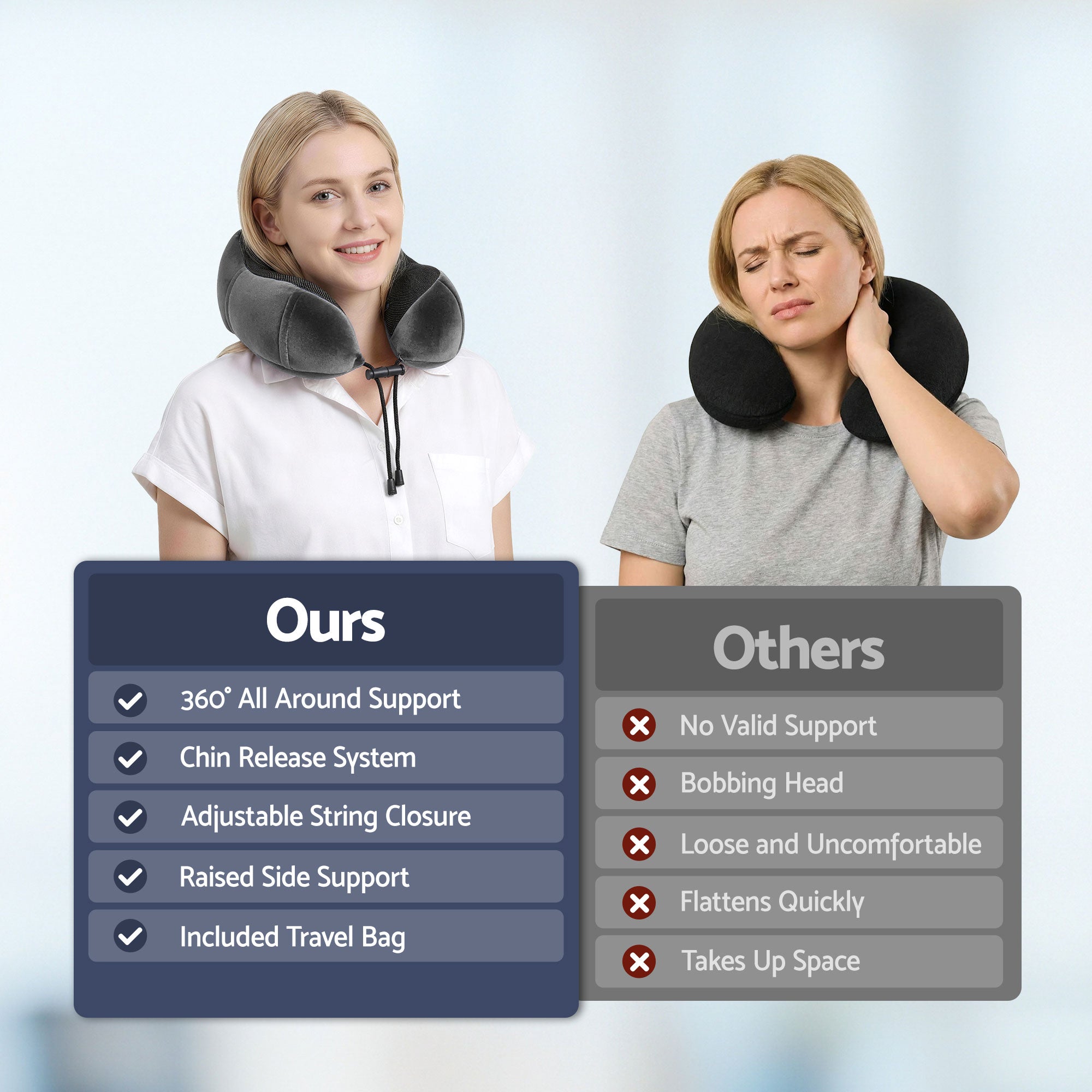 Memory Foam Travel Pillow with Storage Bag - Grey