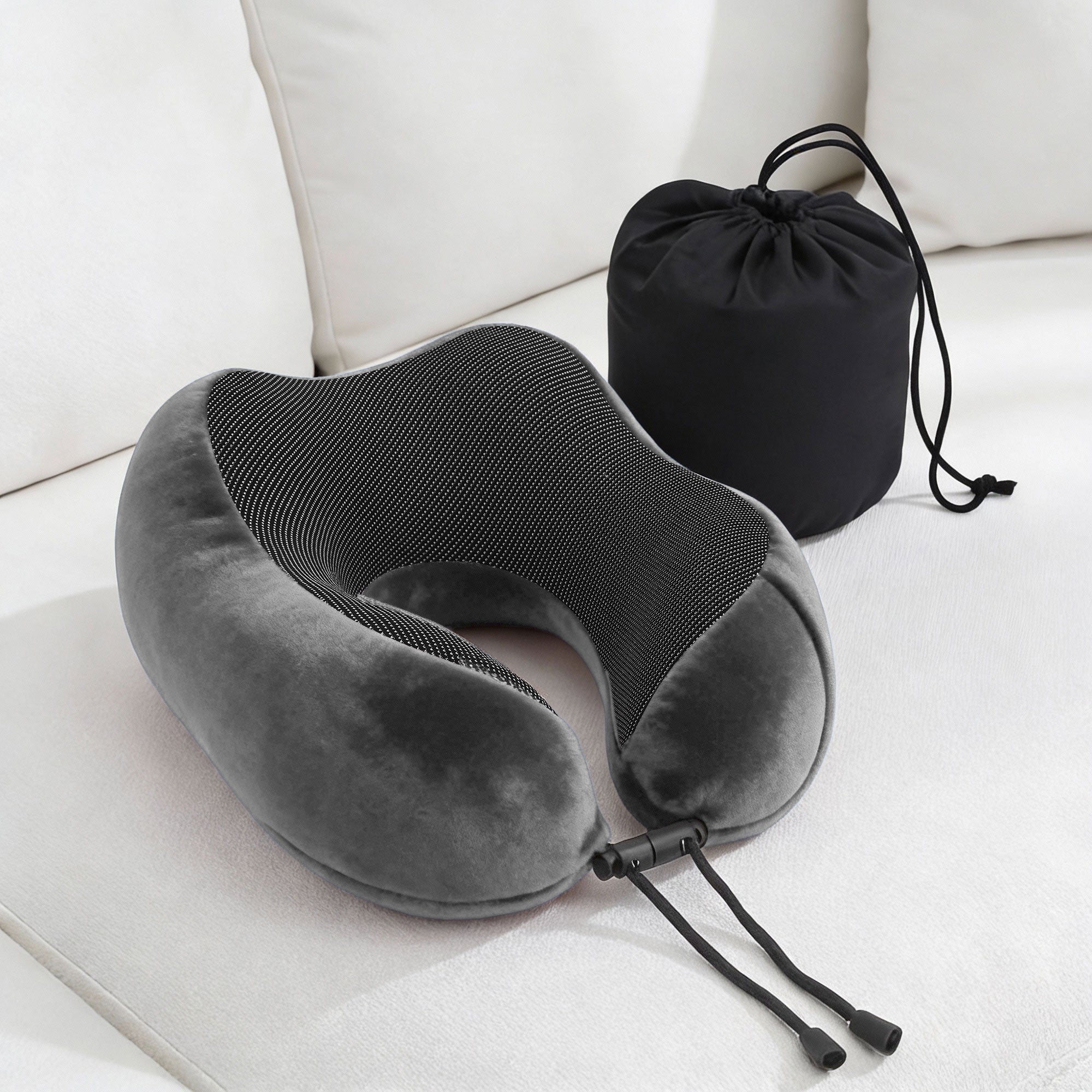 Memory Foam Travel Pillow with Storage Bag - Grey