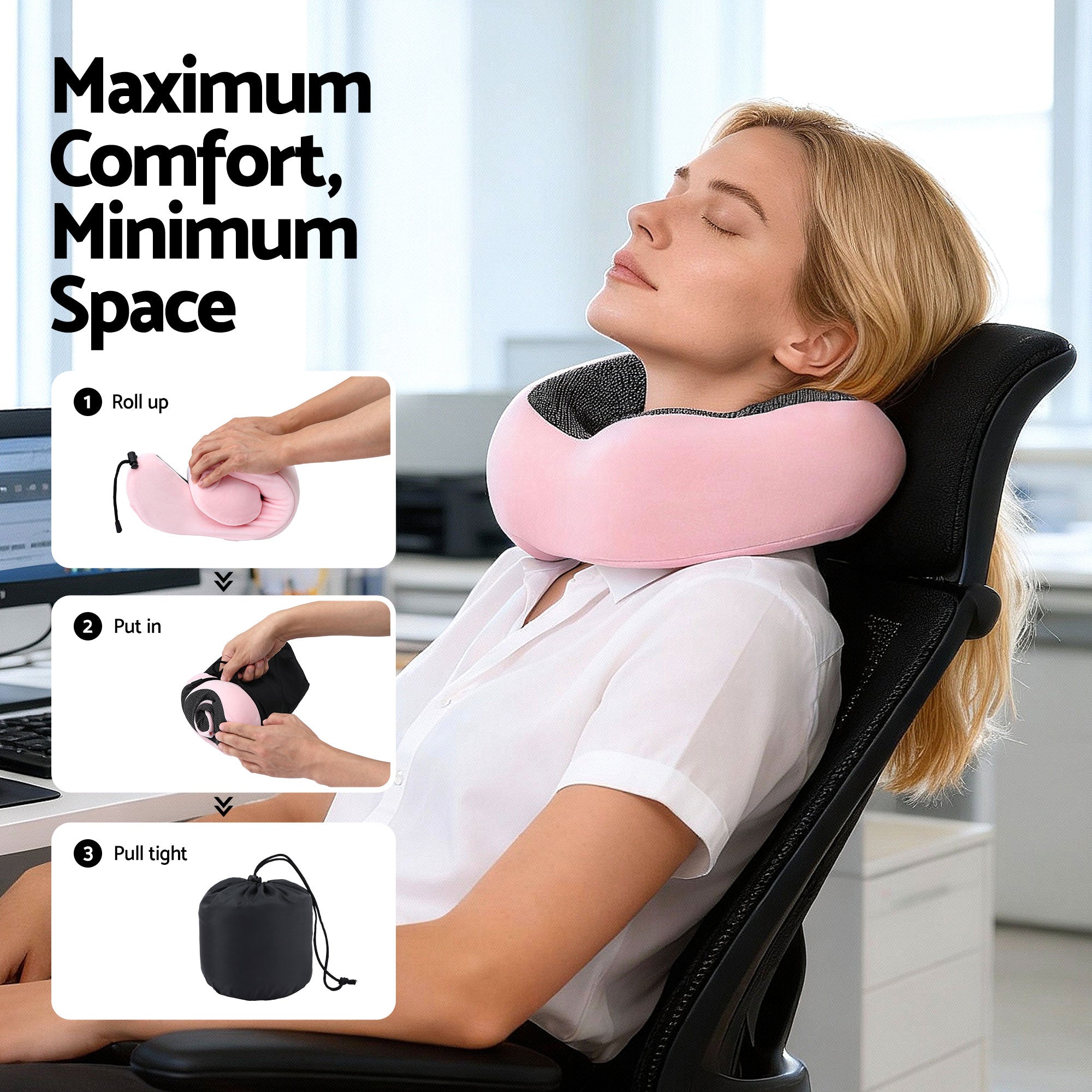 Memory Foam Travel Pillow with Storage Bag - Pink