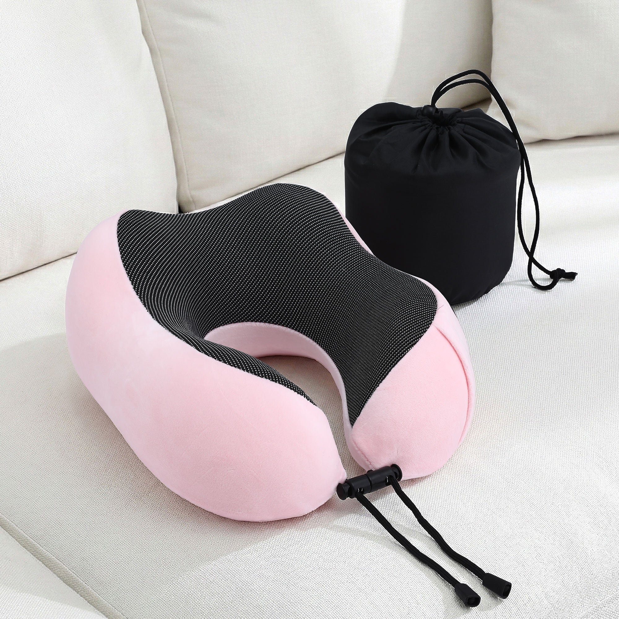 Memory Foam Travel Pillow with Storage Bag - Pink