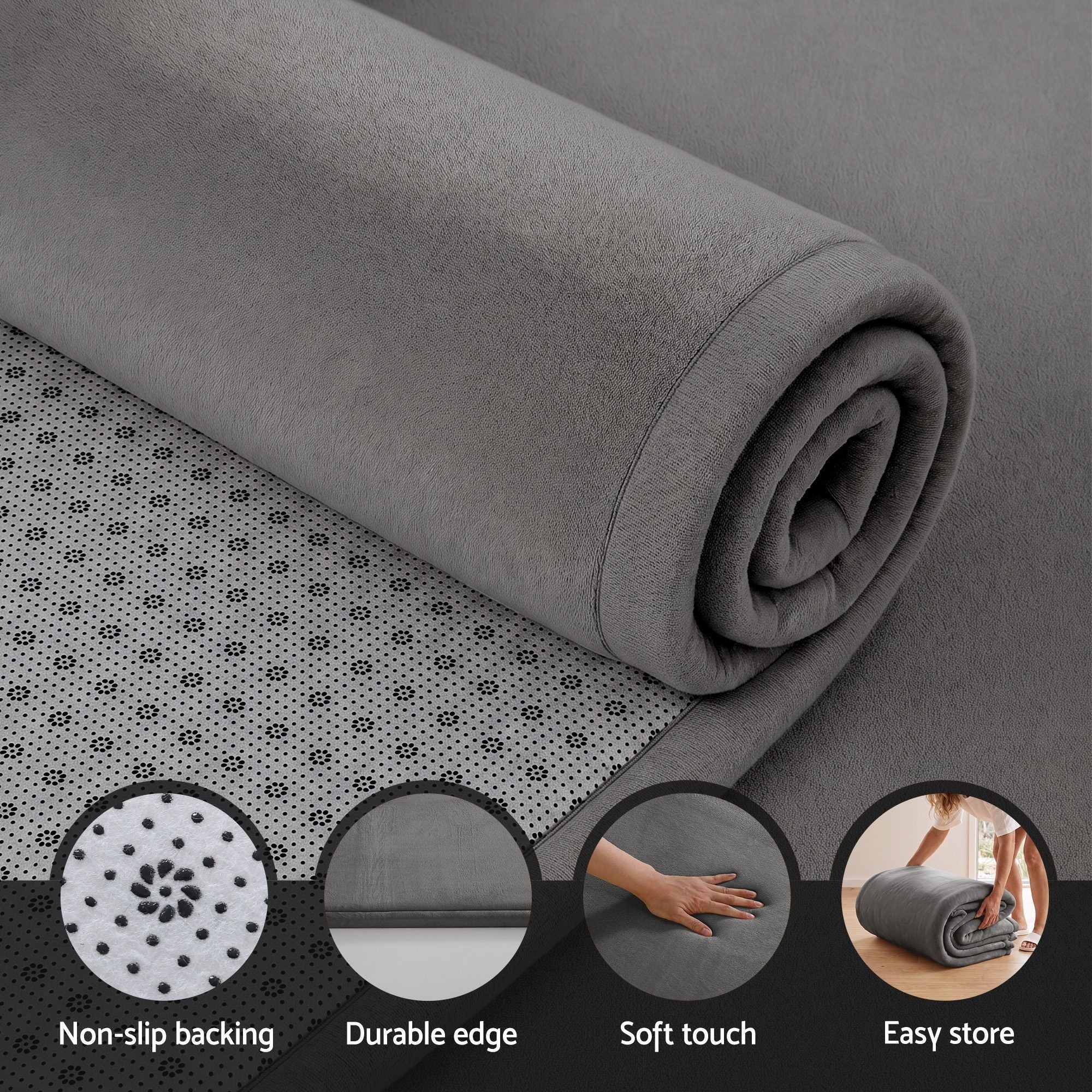 Tatami Mat Floor Mattress 3cm Thick 150x200cm with Anti-Slip Backing - Grey