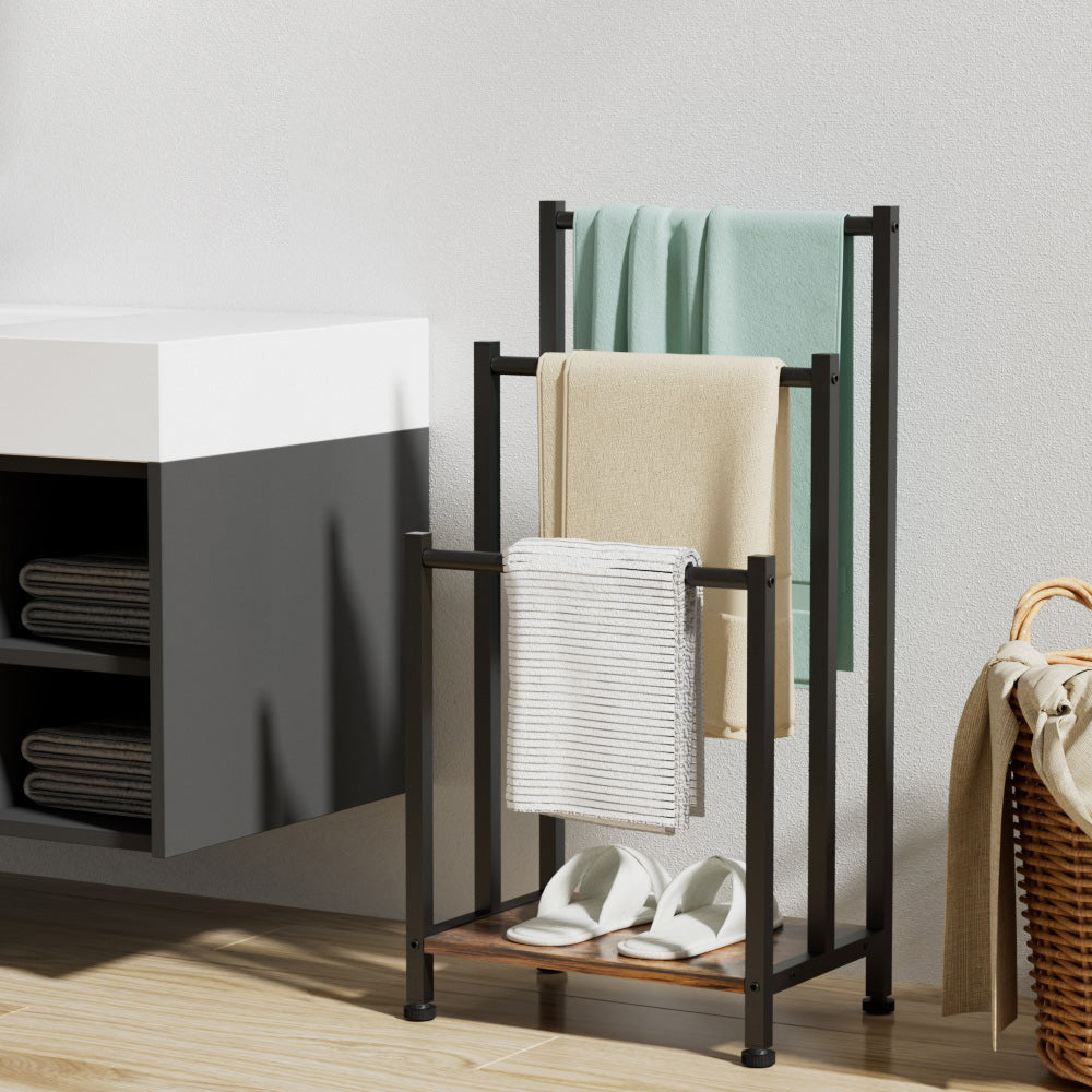 3 Tier Towel Rack Rail Freestanding Holder Bathroom Organizer Laundry Drying Bar with towels and slippers on light wooden floor