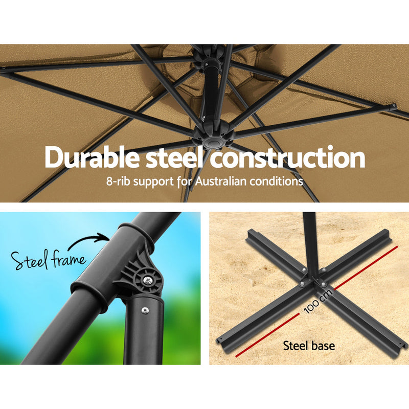 3m Outdoor Umbrella w/Base Cantilever Beach Garden Patio Beige-3