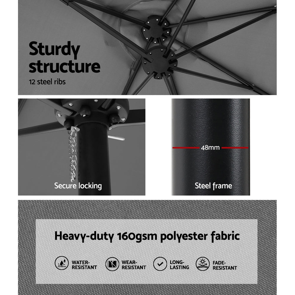 4.57m Outdoor Umbrella w/Base Stand Beach Pole Garden Tilt Charcoal-5