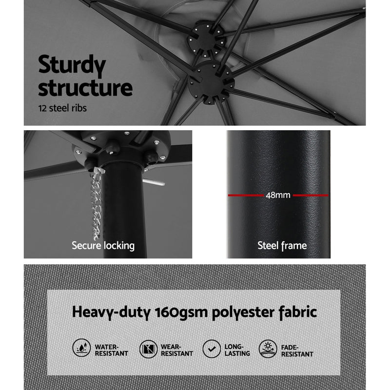 4.57m Outdoor Umbrella w/Base Stand Beach Pole Garden Tilt Charcoal-5