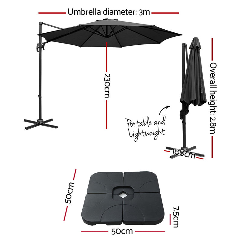 3m Outdoor Umbrella w/Base Cantilever Beach Roma 360 Degree Tilt Black-2