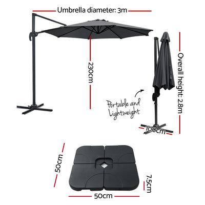 3m Outdoor Umbrella w/Base Cantilever Beach Roma 360 Degree Tilt Charcoal