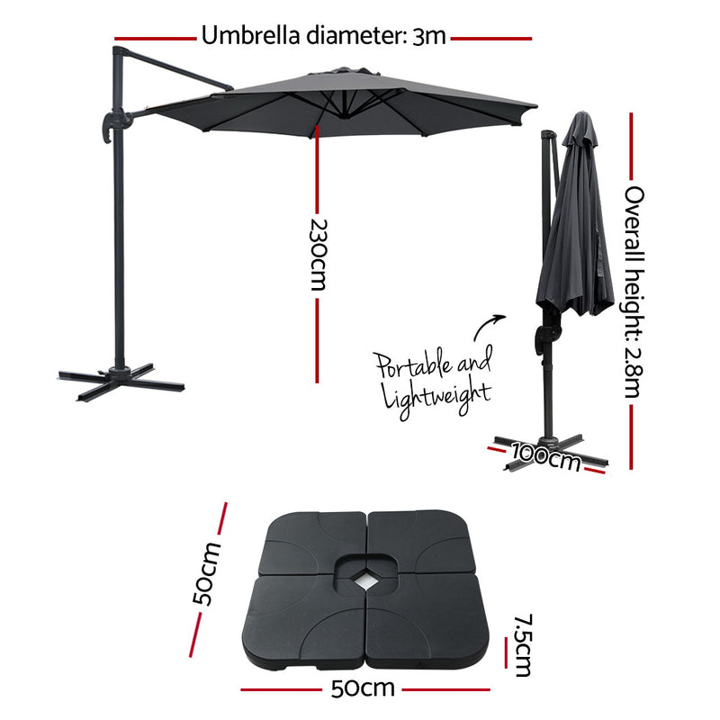 3m Outdoor Umbrella w/Base Cantilever Beach Roma 360 Degree Tilt Charcoal-2