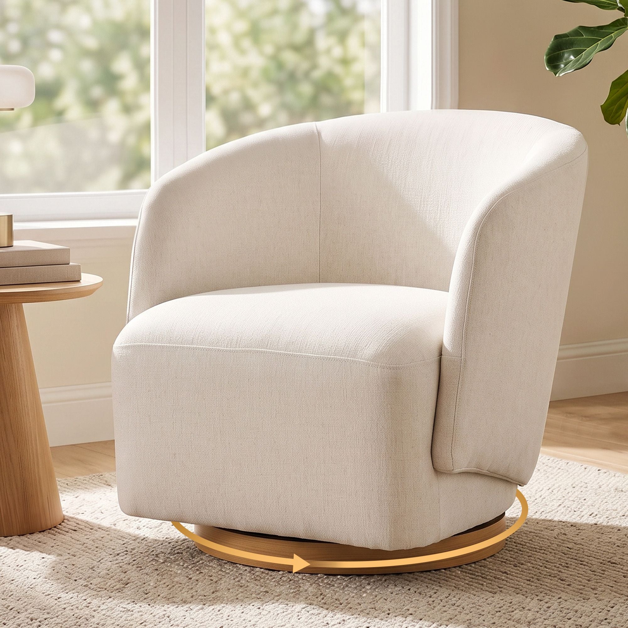Swivel Armchair 360° Curved Accent Chair Linen Fabric - Beige