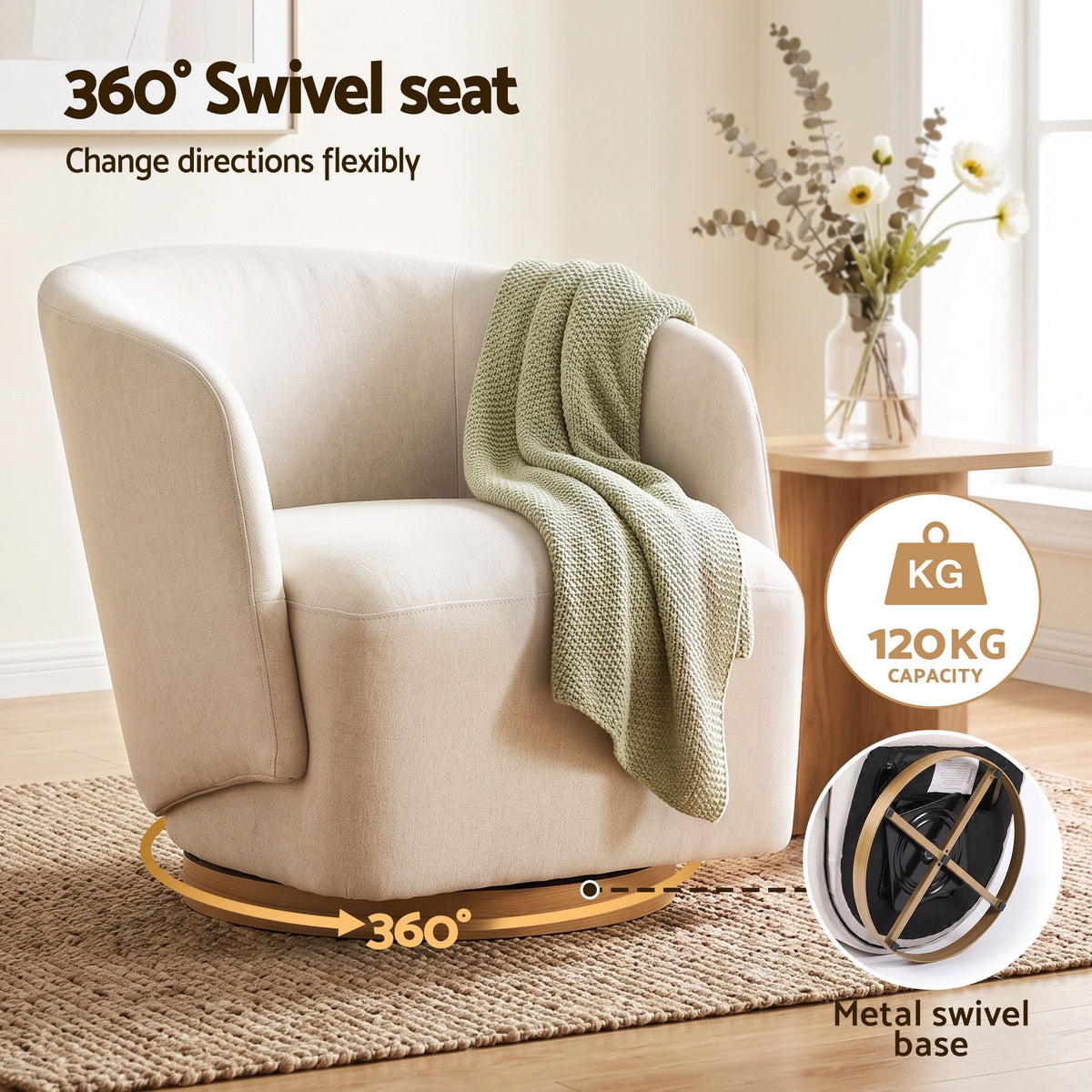 Swivel Armchair 360° Curved Accent Chair Linen Fabric - Beige