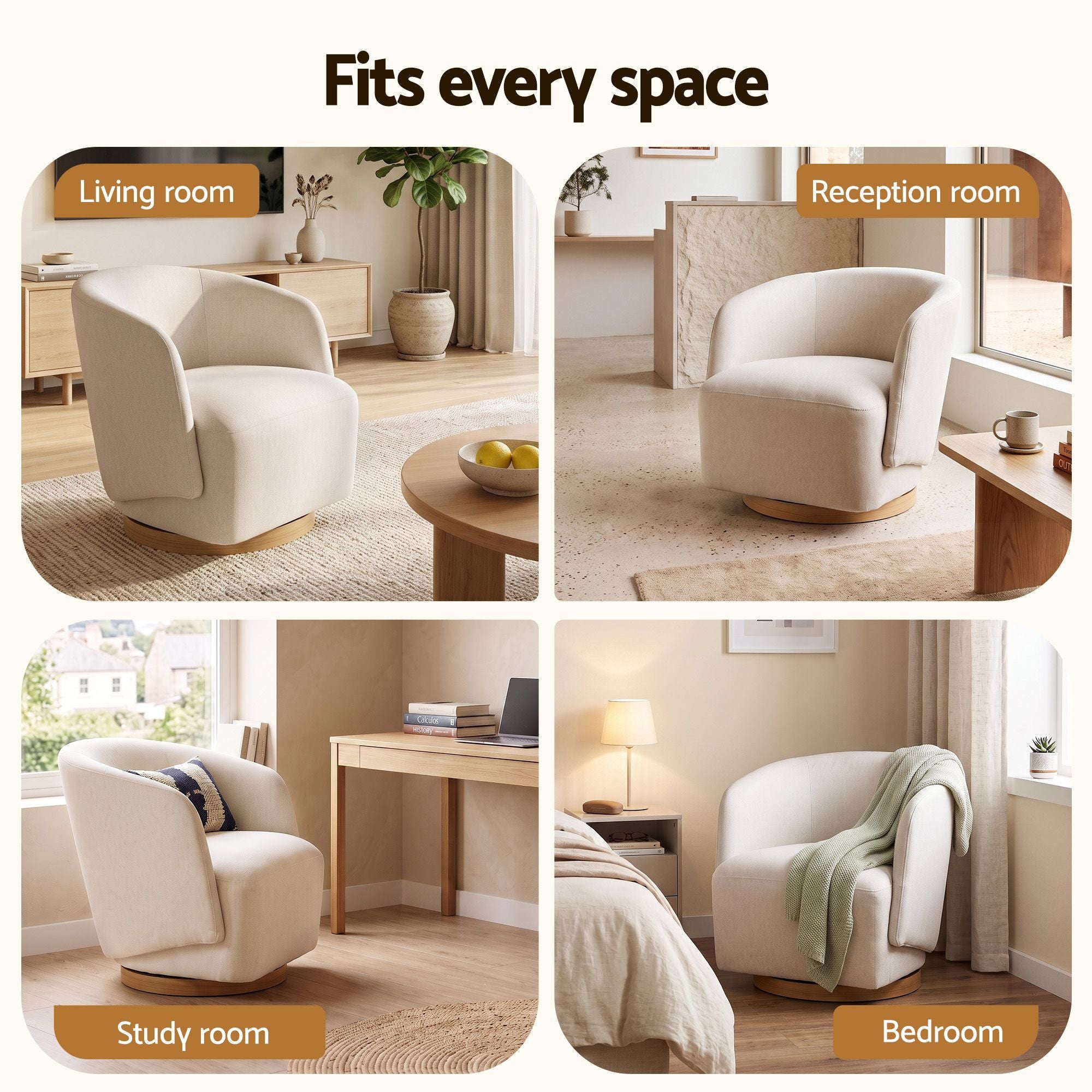 Swivel Armchair 360° Curved Accent Chair Linen Fabric - Beige