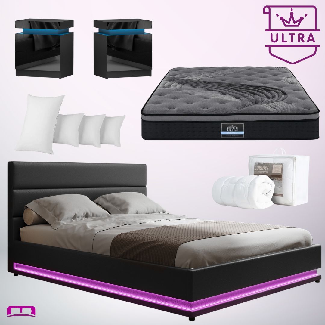 Queen Ultra Package | Henley LED Bed Black, 2 x LED Bedside Tables, Alanya Euro Top Pocket Spring Mattress, Pillowtop Mattress Topper & 4 x Pillows
