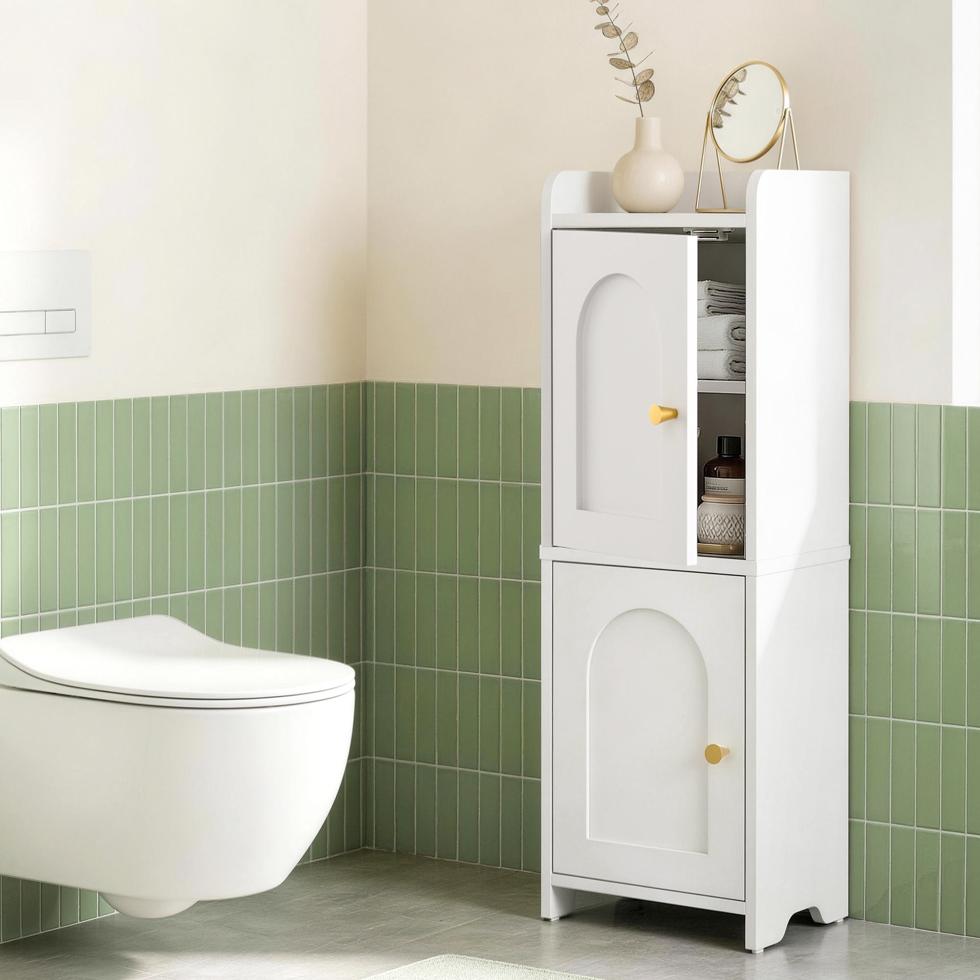 Slim 2-Tier Bathroom Storage Cabinet with Adjustable Shelves - White