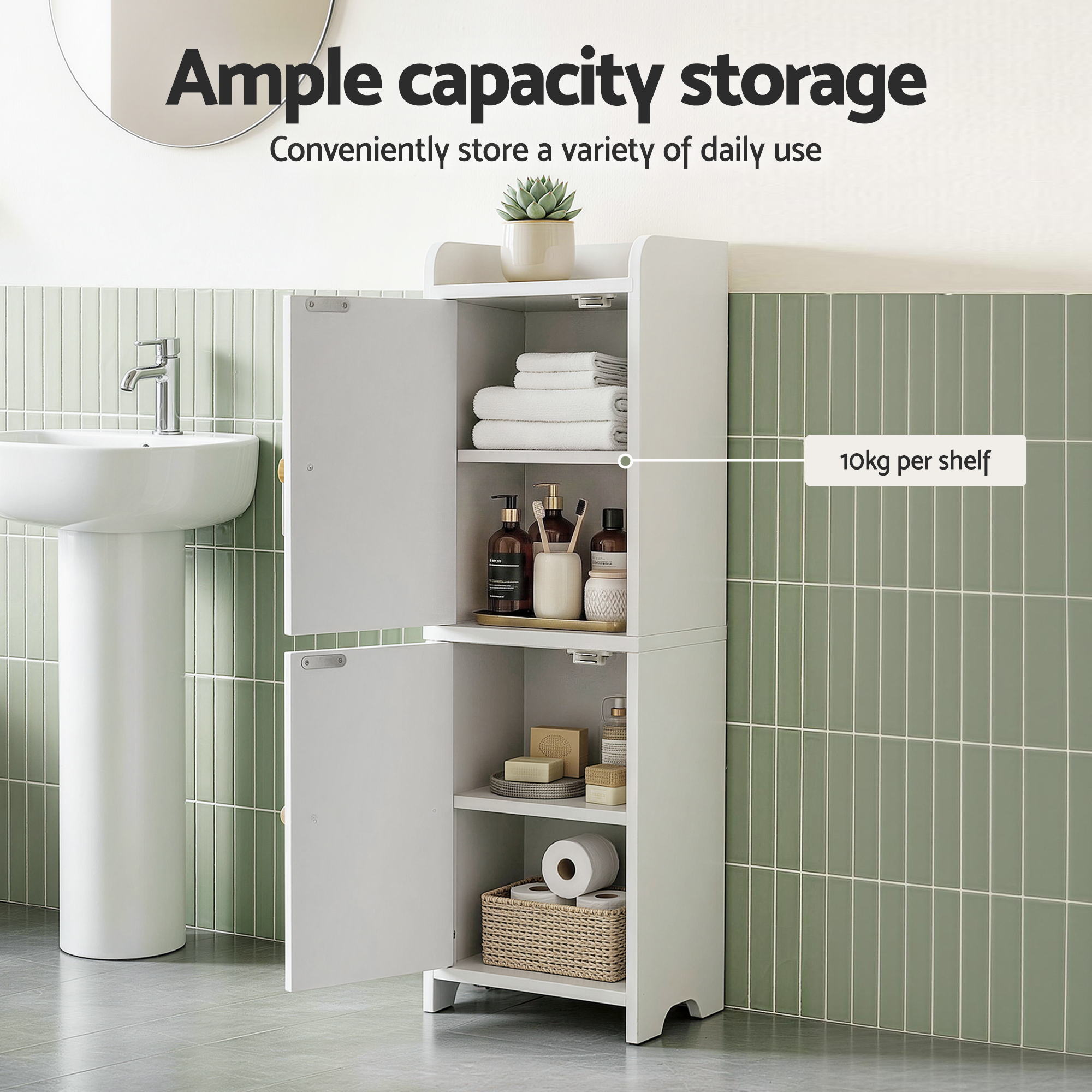 2-Tier Slim Bathroom Storage Cabinet Set with Adjustable Shelves - White