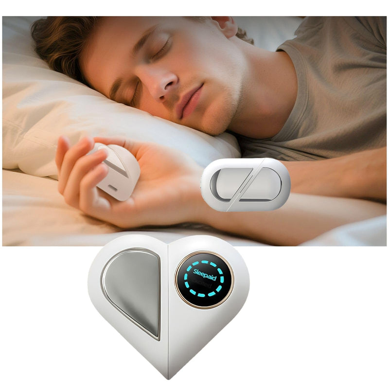 White Handheld Sleep Aid Device: Smart Relaxation Tool with Dual Modes & LED Display shown in use by sleeping adult male.
