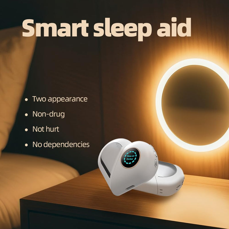 White Handheld Sleep Aid Device: Smart Relaxation Tool with Dual Modes & LED Display on bedside table with warm light ring