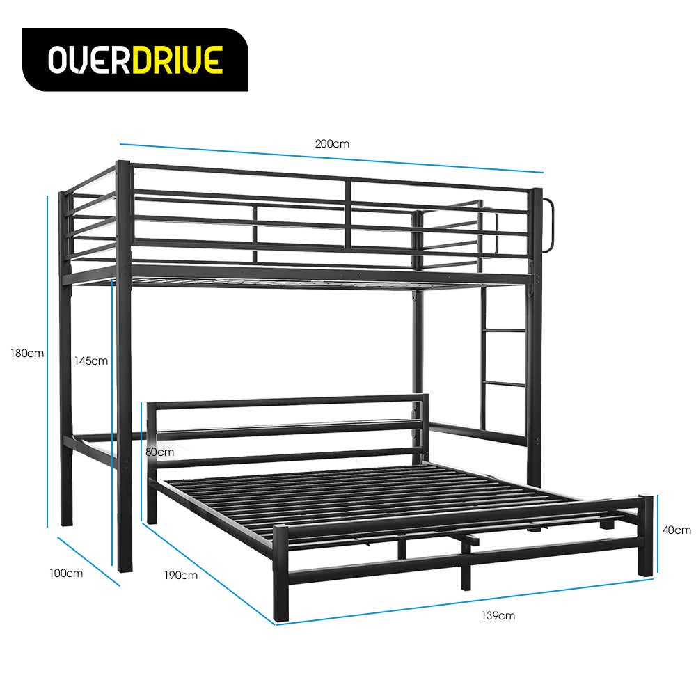 Single Loft Bed And Double Underbed, Multifunctional, Space Saving with Fixed Ladder, Matte Dark Grey metal bed frame with dimensions.