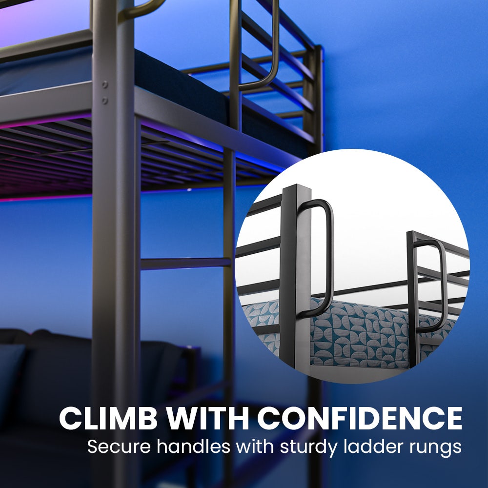 Single Loft Bed And Double Underbed, Multifunctional, Space Saving with Fixed Ladder, Matte Dark Grey