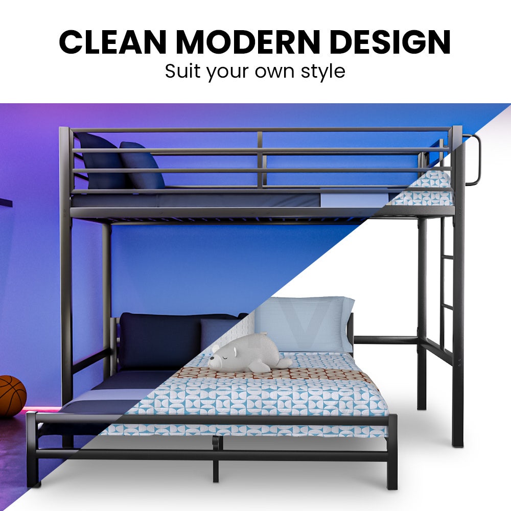 Single Loft Bed And Double Underbed, Multifunctional, Space Saving with Fixed Ladder, Matte Dark Grey