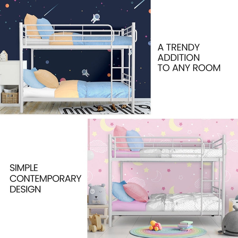 2in1 King Single Metal Bunk Bed Frame, with Modular Design, Matte White shown in children’s bedroom settings with bedding and decor
