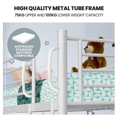 Close-up of 2in1 King Single Metal Bunk Bed Frame, with Modular Design, Matte White, showing metal tube frame and safety rail.