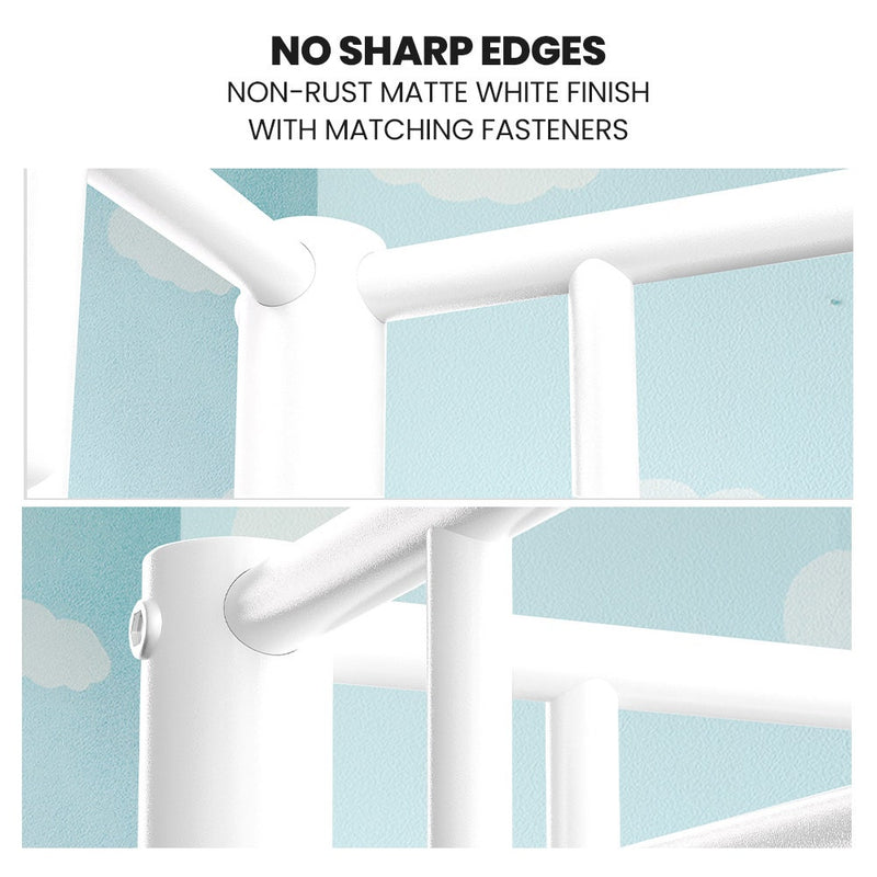 Close-up of 2in1 King Single Metal Bunk Bed Frame, with Modular Design, Matte White, showing smooth edges and matching fasteners.