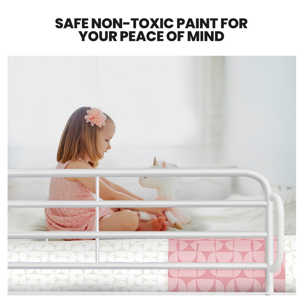 2in1 King Single Metal Bunk Bed Frame, with Modular Design, Matte White showing safety with non-toxic paint and child sitting on bed