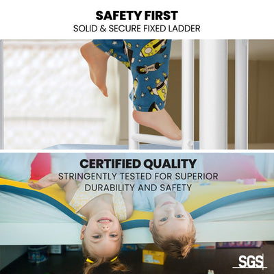 Close-up of child climbing the solid ladder on the 2in1 King Single Metal Bunk Bed Frame, with Modular Design, Matte White