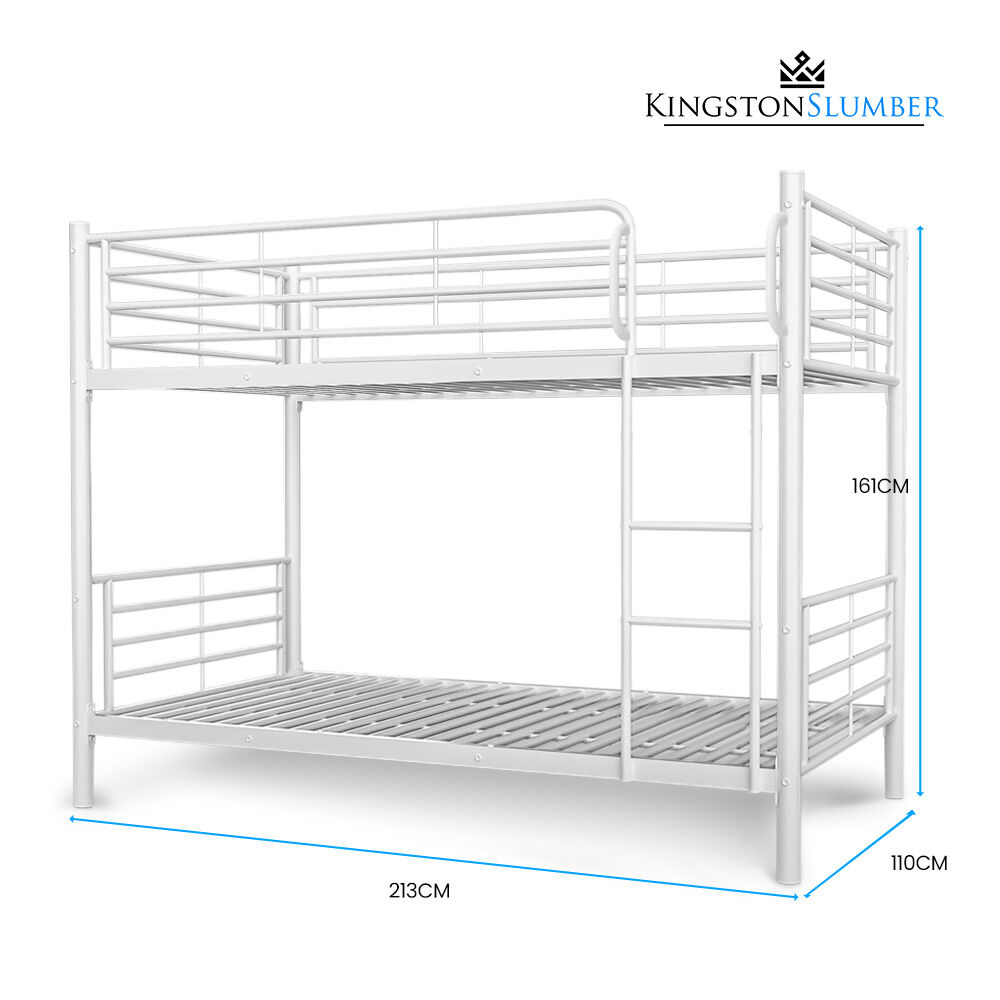 2in1 King Single Metal Bunk Bed Frame, with Modular Design, Matte White, shown with ladder and guardrails in bedroom furniture style