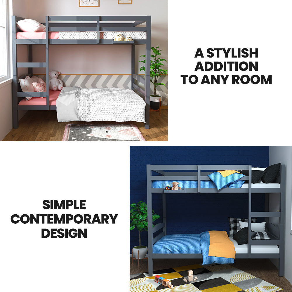 Single Bunk Bed Frame, Solid Pine 2-in-1 Modular Design, Converts to 2 Single Beds, For Kids, Grey shown in bedroom settings with bedding and decor.