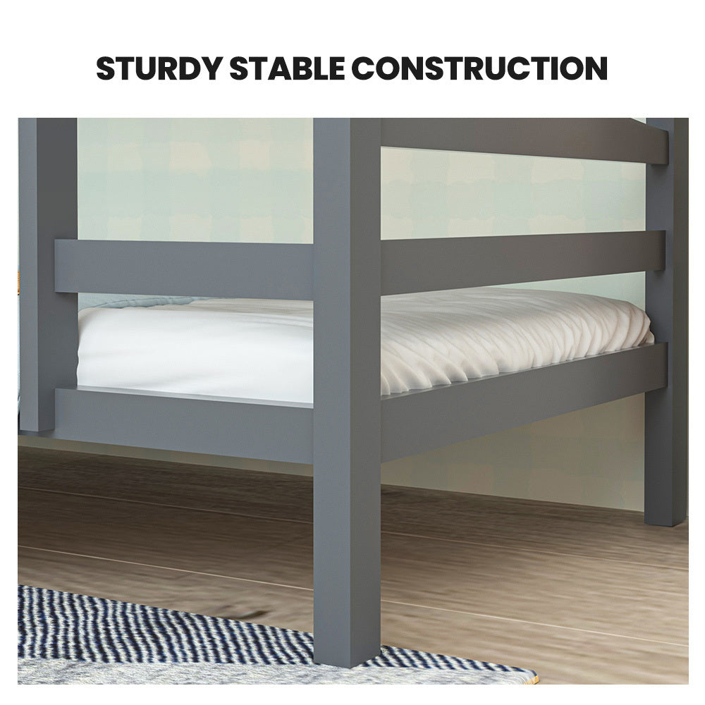 Single Bunk Bed Frame, Solid Pine 2-in-1 Modular Design, Converts to 2 Single Beds, For Kids, Grey