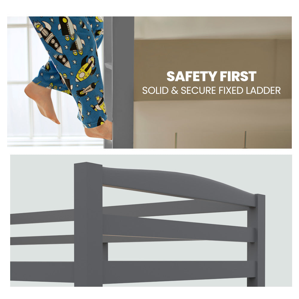 Single Bunk Bed Frame, Solid Pine 2-in-1 Modular Design, Converts to 2 Single Beds, For Kids, Grey showing secure fixed ladder and safety features
