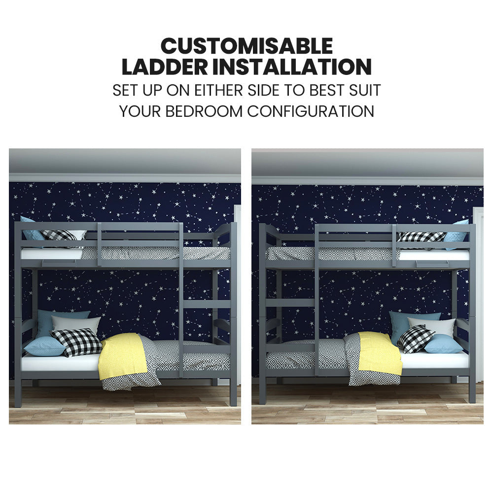 Single Bunk Bed Frame, Solid Pine 2-in-1 Modular Design, Converts to 2 Single Beds, For Kids, Grey with ladder on left and right sides.