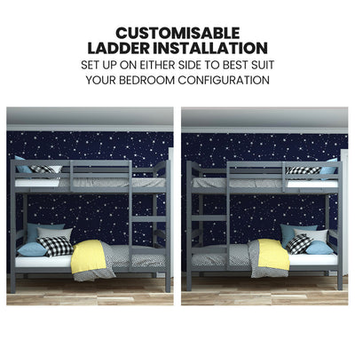 Single Bunk Bed Frame, Solid Pine 2-in-1 Modular Design, Converts to 2 Single Beds, For Kids, Grey with ladder on left and right sides.