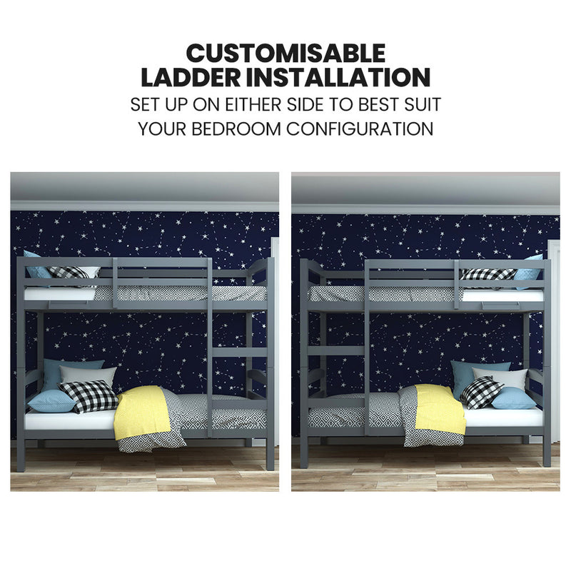 Single Bunk Bed Frame, Solid Pine 2-in-1 Modular Design, Converts to 2 Single Beds, For Kids, Grey with ladder on left and right sides.