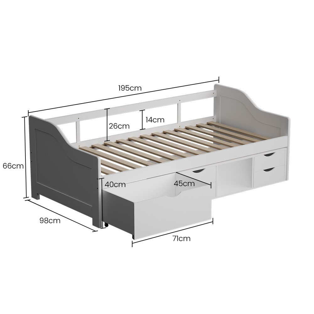 Wooden Single Sofa Bed Frame with Storage Drawers - White