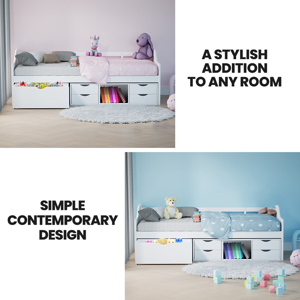 Wooden Single Sofa Bed Frame with Storage Drawers - White, shown with toys and storage in a children's bedroom setting