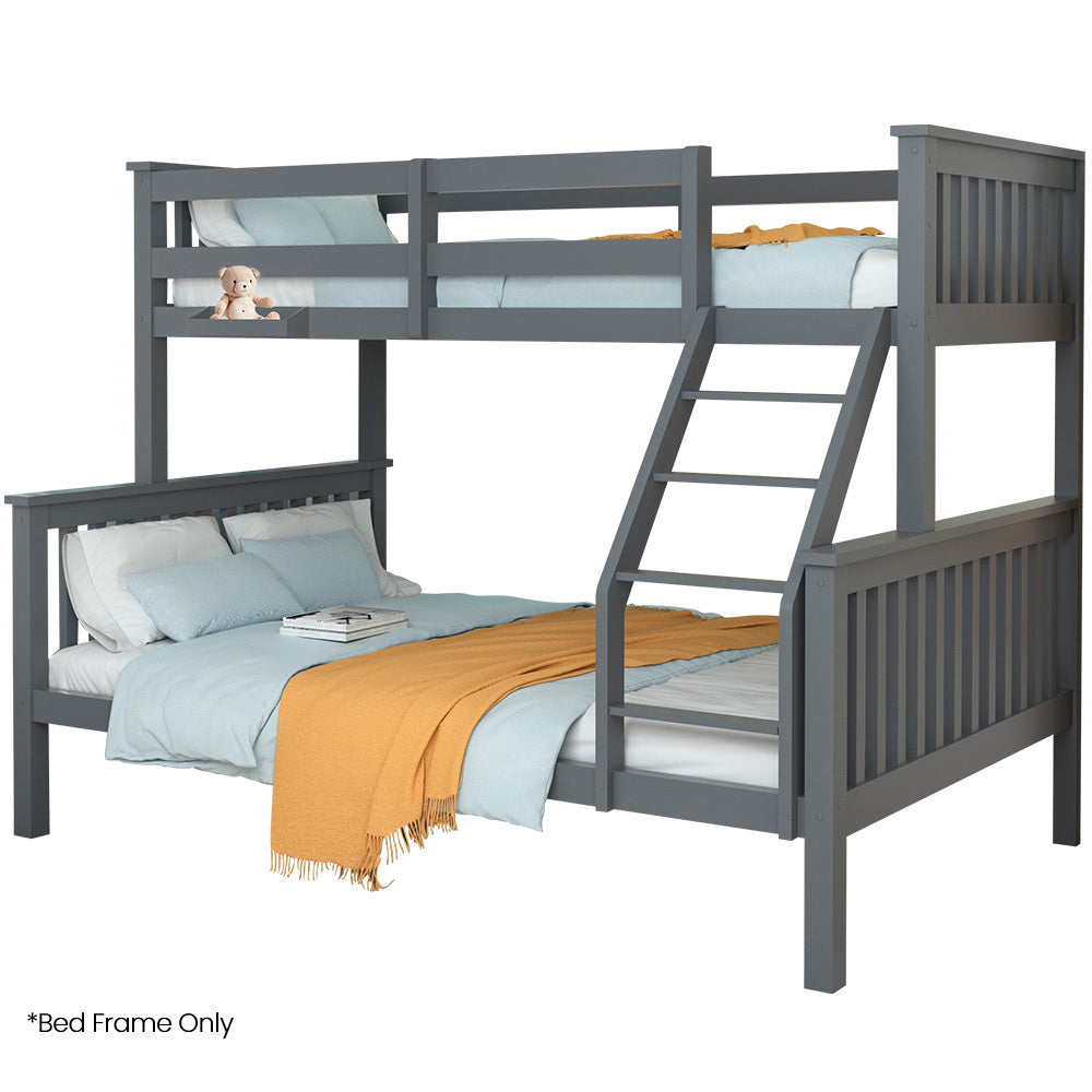 Bunk Bed Triple Wooden Single Over Double Beds for Kids, Solid Pine Wood, Convertible Design, Grey