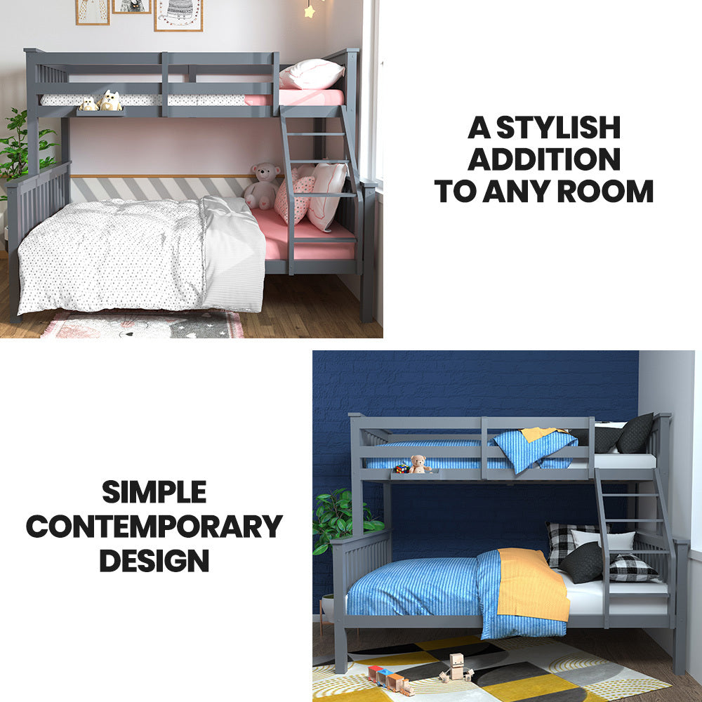 Bunk Bed Triple Wooden Single Over Double Beds for Kids, Solid Pine Wood, Convertible Design, Grey
