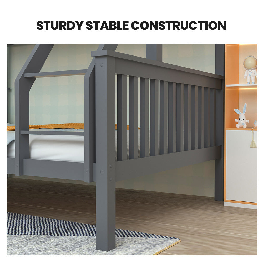 Bunk Bed Triple Wooden Single Over Double Beds for Kids, Solid Pine Wood, Convertible Design, Grey