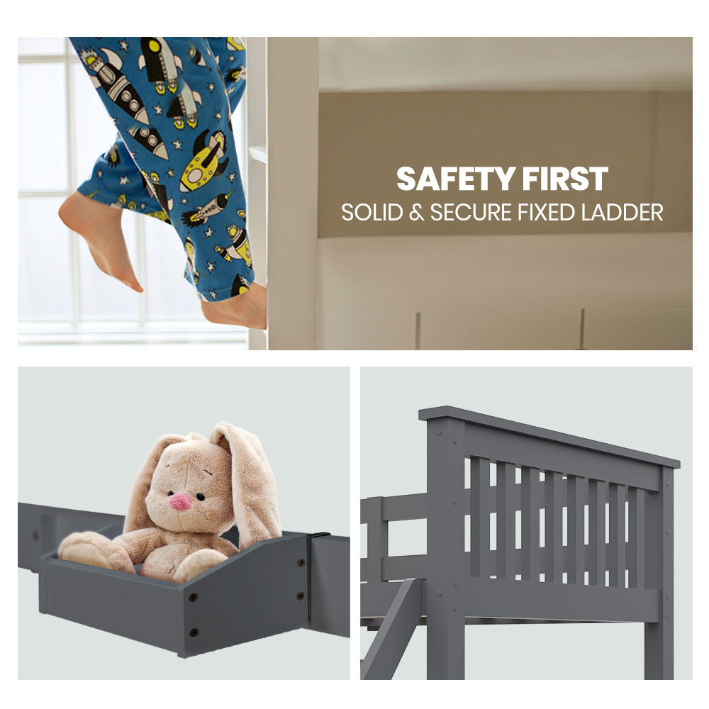 Bunk Bed Triple Wooden Single Over Double Beds for Kids, Solid Pine Wood, Convertible Design, Grey