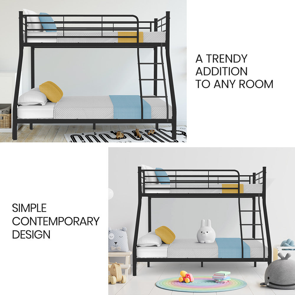 Single Over Double Metal Bunk Bed Frame - Dark Matte Grey with ladder in a minimalist bedroom setting