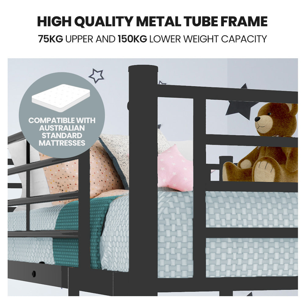 Single Over Double Metal Bunk Bed Frame - Dark Matte Grey with high-quality metal tube frame and mattress compatibility badge