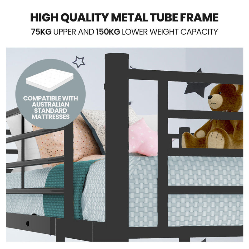 Single Over Double Metal Bunk Bed Frame - Dark Matte Grey with high-quality metal tube frame and mattress compatibility badge