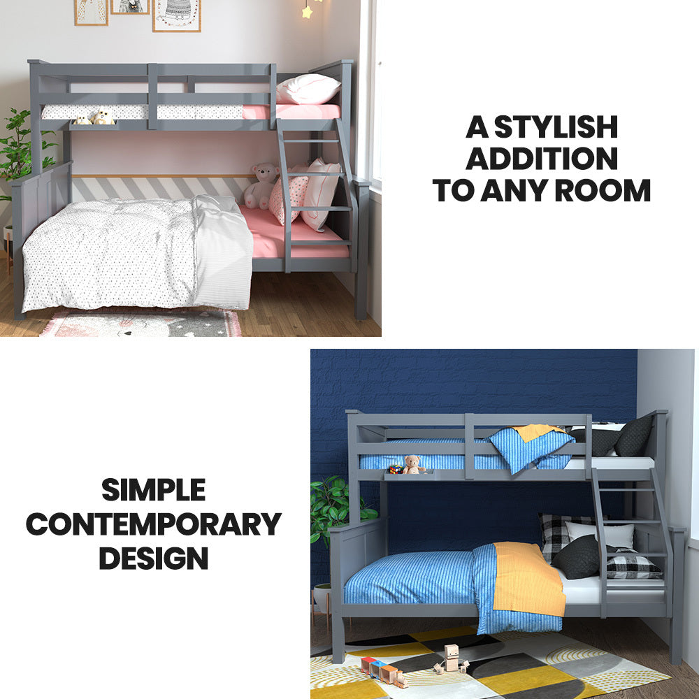 Triple Wooden Single Over Double Bunk Bed Frame for Kids, Convertible Design, Grey in styled bedroom settings with bedding