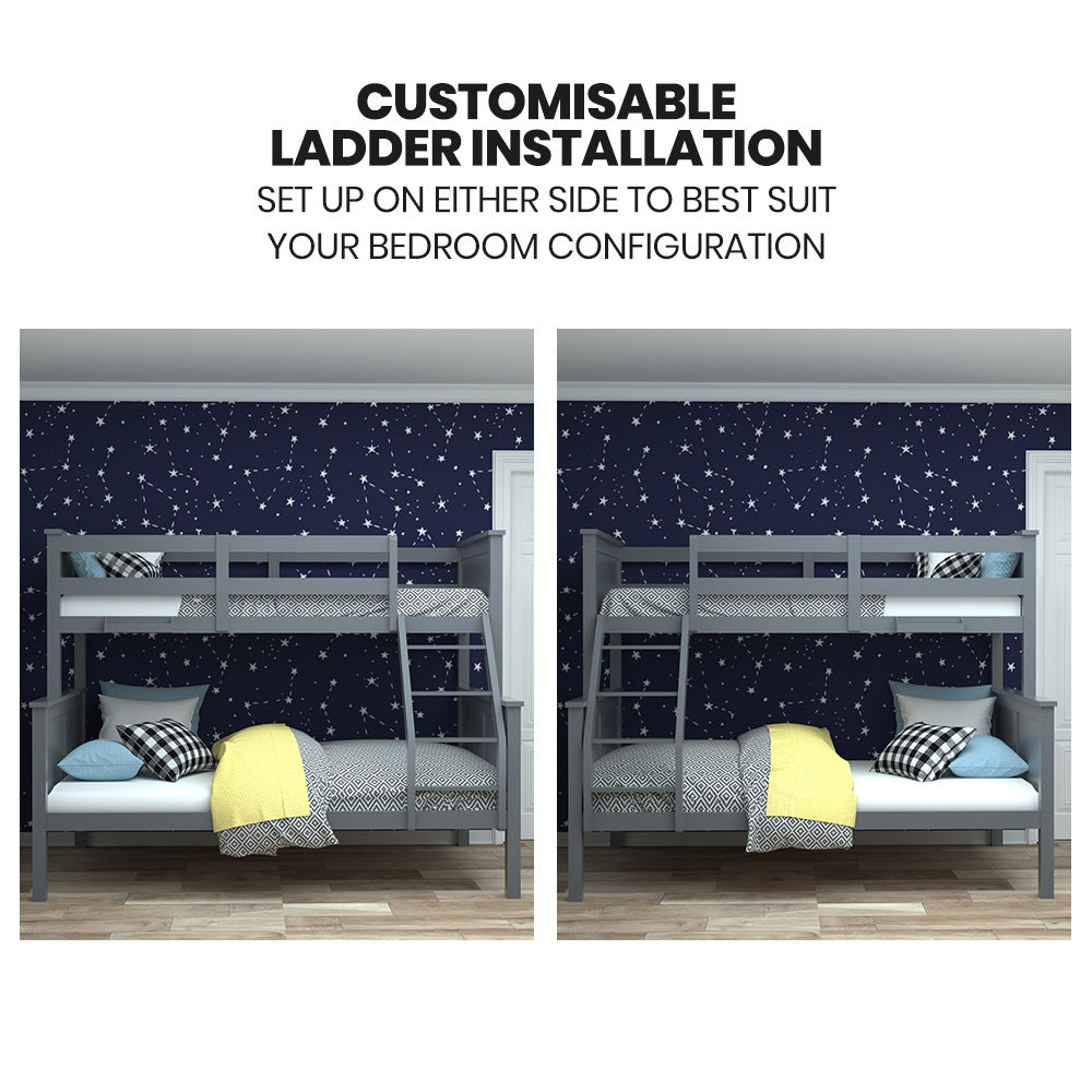 Triple Wooden Single Over Double Bunk Bed Frame for Kids, Convertible Design, Grey