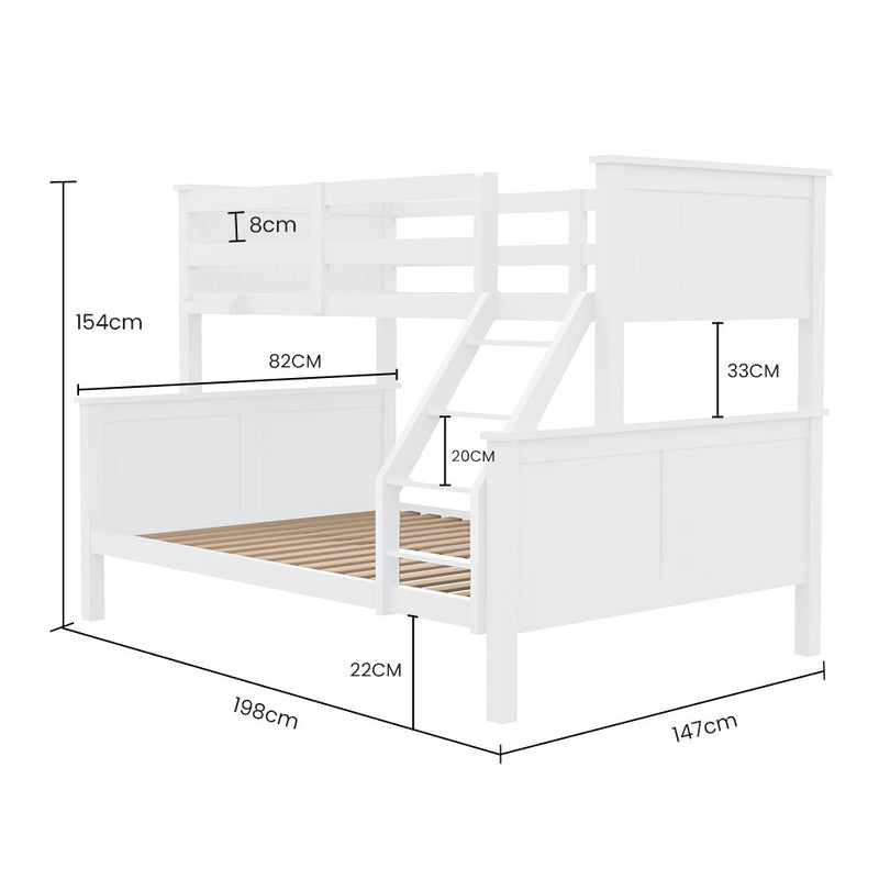 Triple Wooden Single Over Double Bunk Bed Frame for Kids, Convertible Design, White with dimensions and slatted base shown